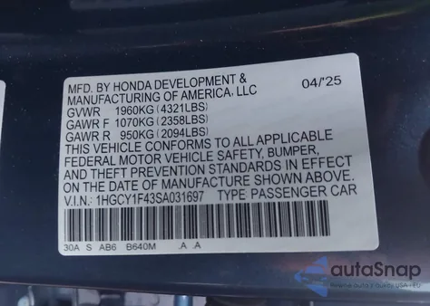 2025 Honda Accord Se from USA, damaged, VIN 1HGCY1F43SA031697